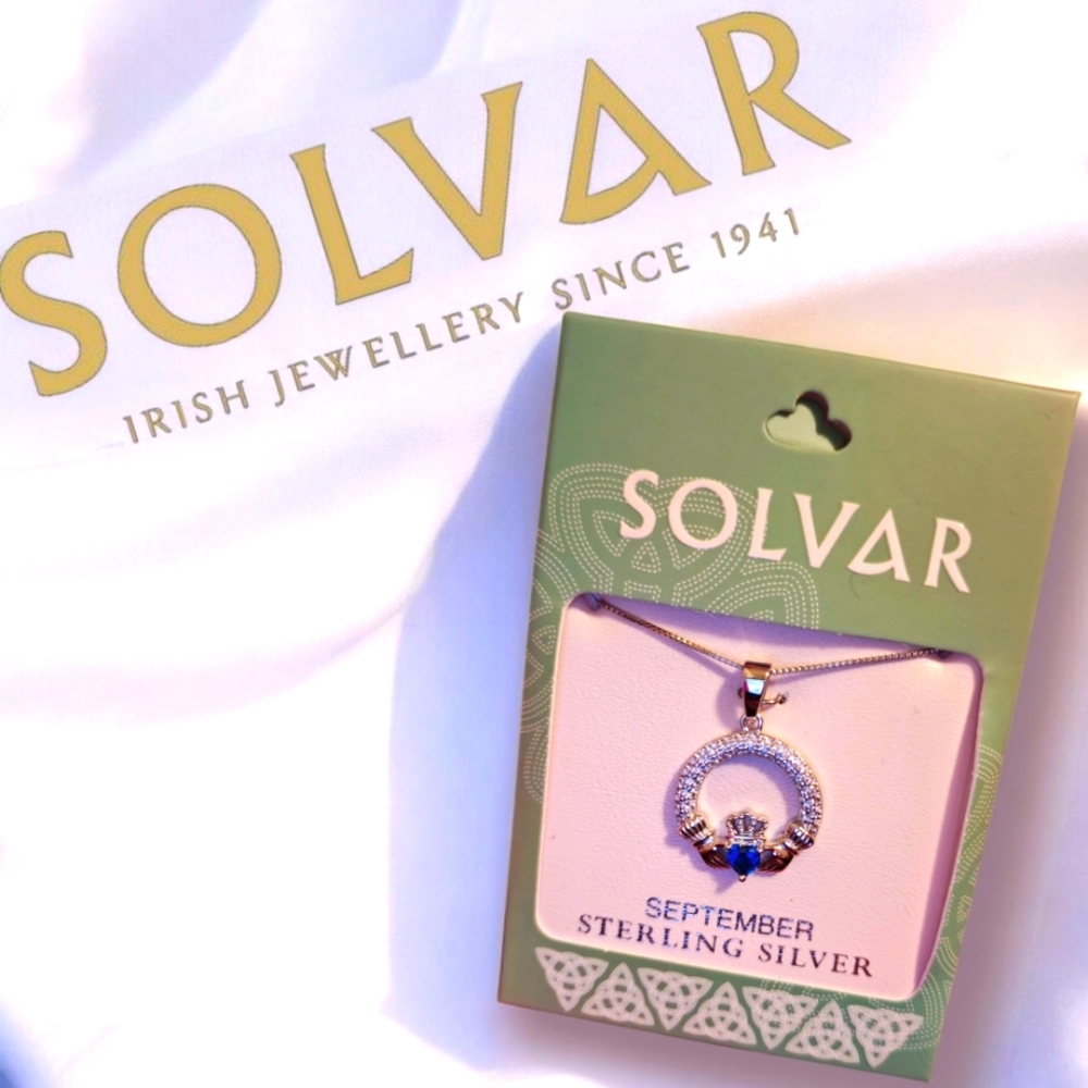 Solvar September Birthstone Sapphire Silver Claddagh Pendant *NEW*